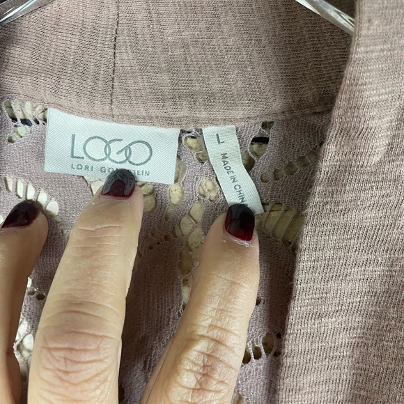 LOGO by Lori Goldstein Tan Taupe Lace Open Front Cardigan large - Picture 5 of 6
